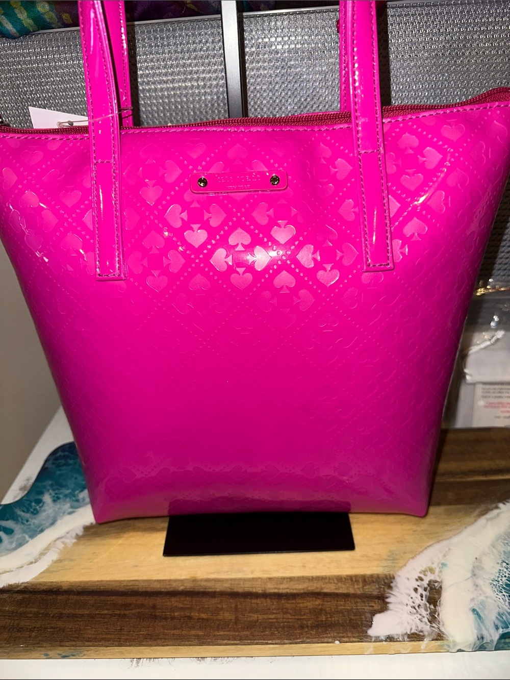 kate spade Bright Hot Pink Patent Tote with Embossed Heart & Spade Motif